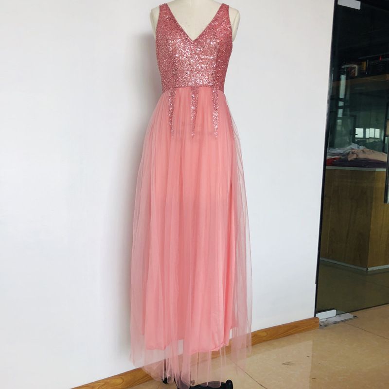 New European and American Mesh Splicing Dress Deep V-neck Sexy Dress Amazon Wedding Dress Evening Dress