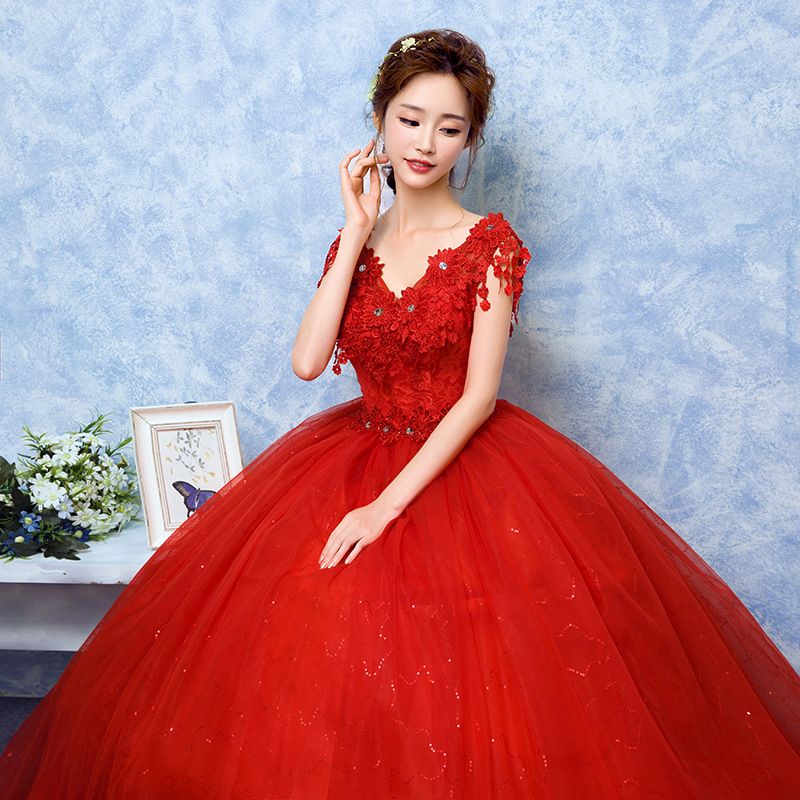 Starry Sky Red, Light Wedding Dress, V-neck, Bridal, New Style, Female, Large Size, Amazon Hot Sale