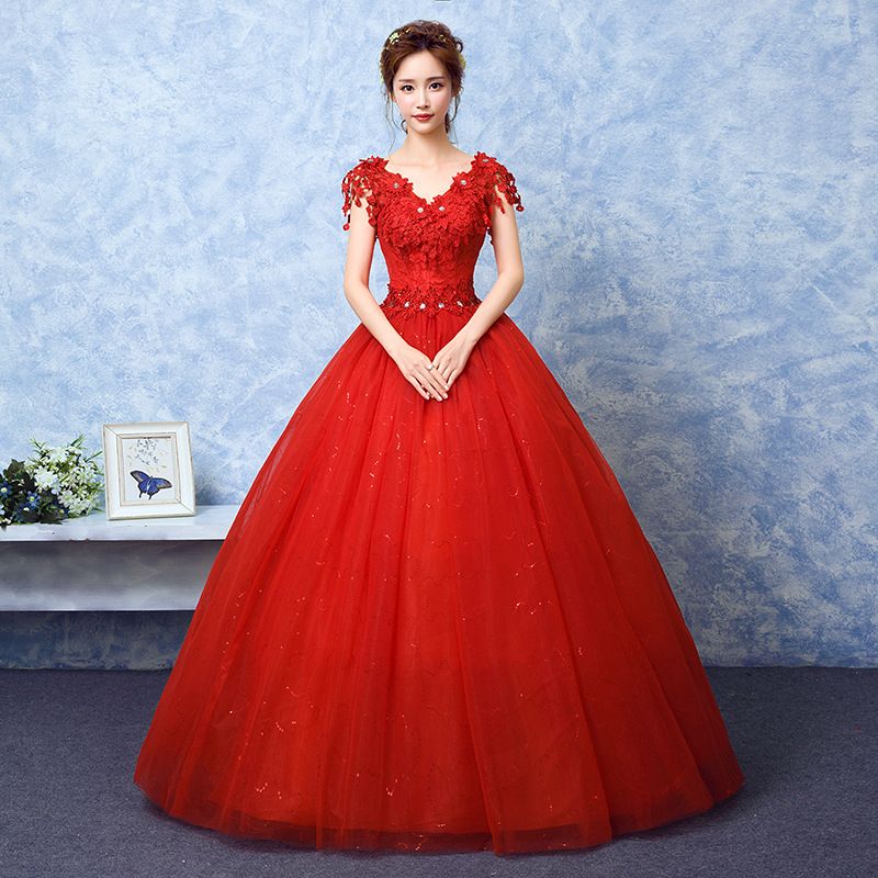 Starry Sky Red, Light Wedding Dress, V-neck, Bridal, New Style, Female, Large Size, Amazon Hot Sale