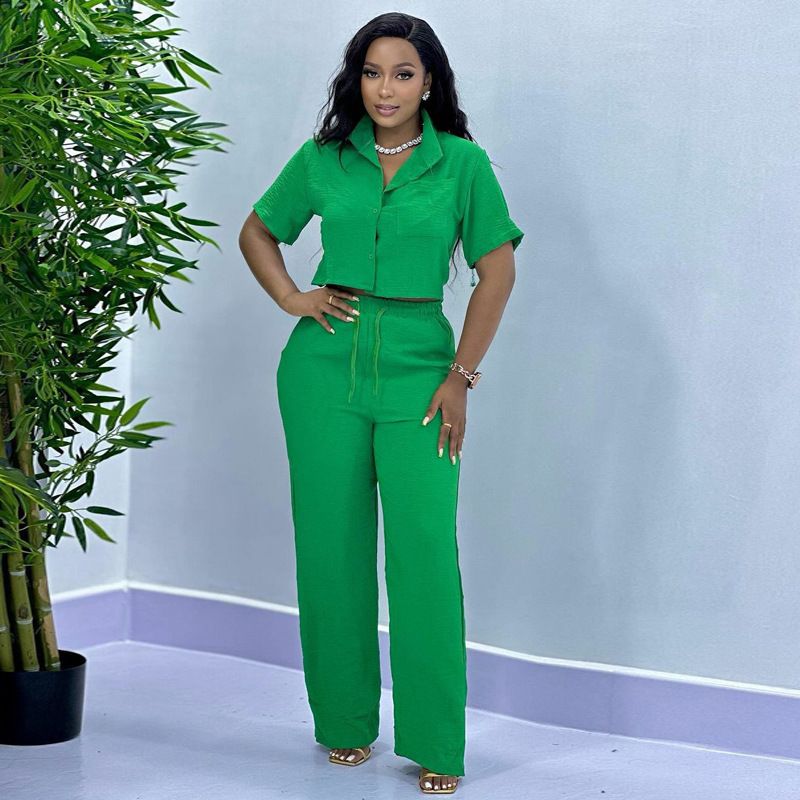 2 pcs / 1 set,African suit, women's style, solid color casual, plus size short sleeved shirt, pants, women's wear, European and American style two-piece set