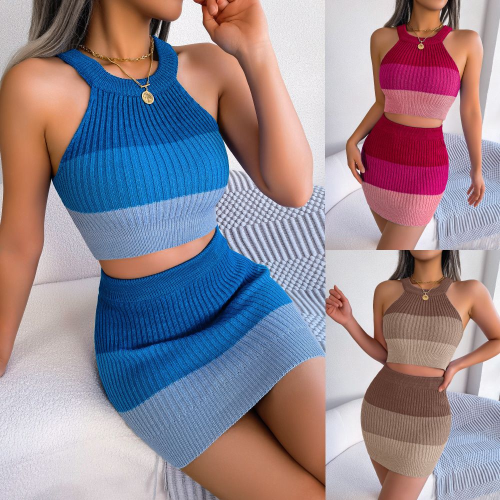 2 pcs/ 1 set,European and American fashion gradient colors, crop top, hip hugging skirt, set, Amazon cross-border women's clothing