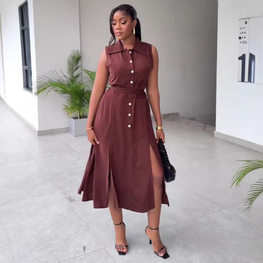 African women's high-end design, loose and elegant lace up slimming vest dress, European and American plus size western-style long skirt