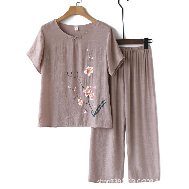 2 pcs/1 set,Set, printed set, cotton and linen, women's two-piece set, loose top and pants, super hot selling, Amazon hot item