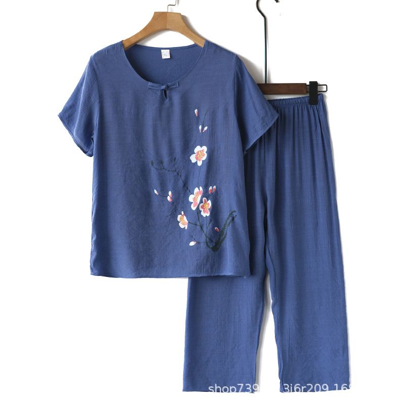 2 pcs/1 set,Set, printed set, cotton and linen, women's two-piece set, loose top and pants, super hot selling, Amazon hot item