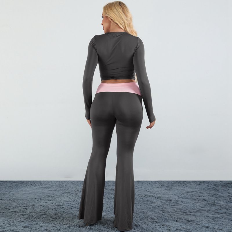 European and American women's clothing, new color blocking round neck long sleeved flared pants two-piece set, fashionable hot stamping set