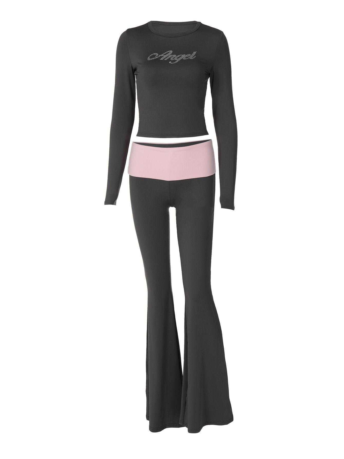 European and American women's clothing, new color blocking round neck long sleeved flared pants two-piece set, fashionable hot stamping set