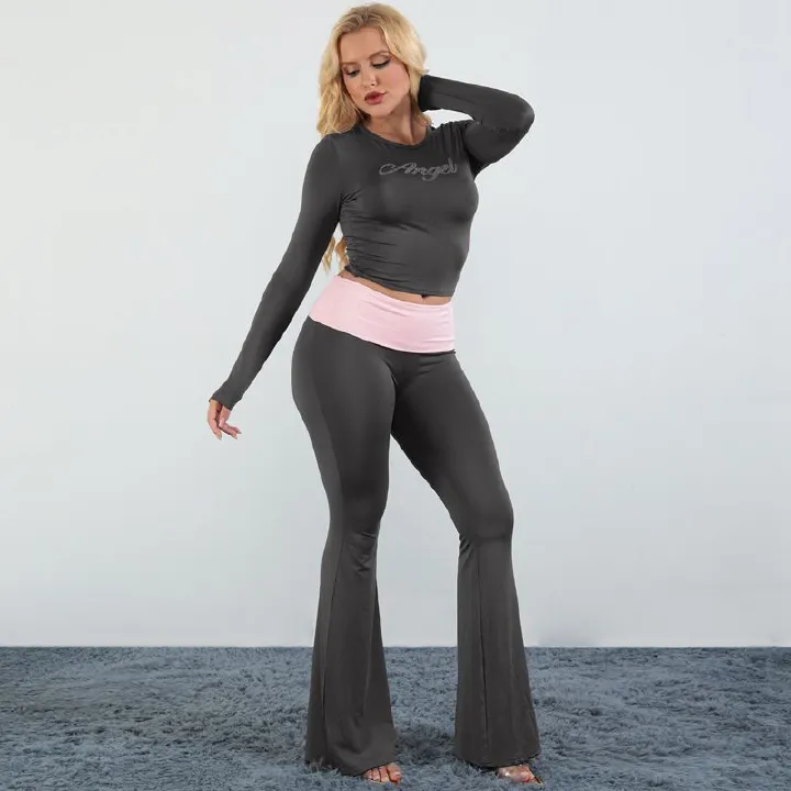 European and American women's clothing, new color blocking round neck long sleeved flared pants two-piece set, fashionable hot stamping set