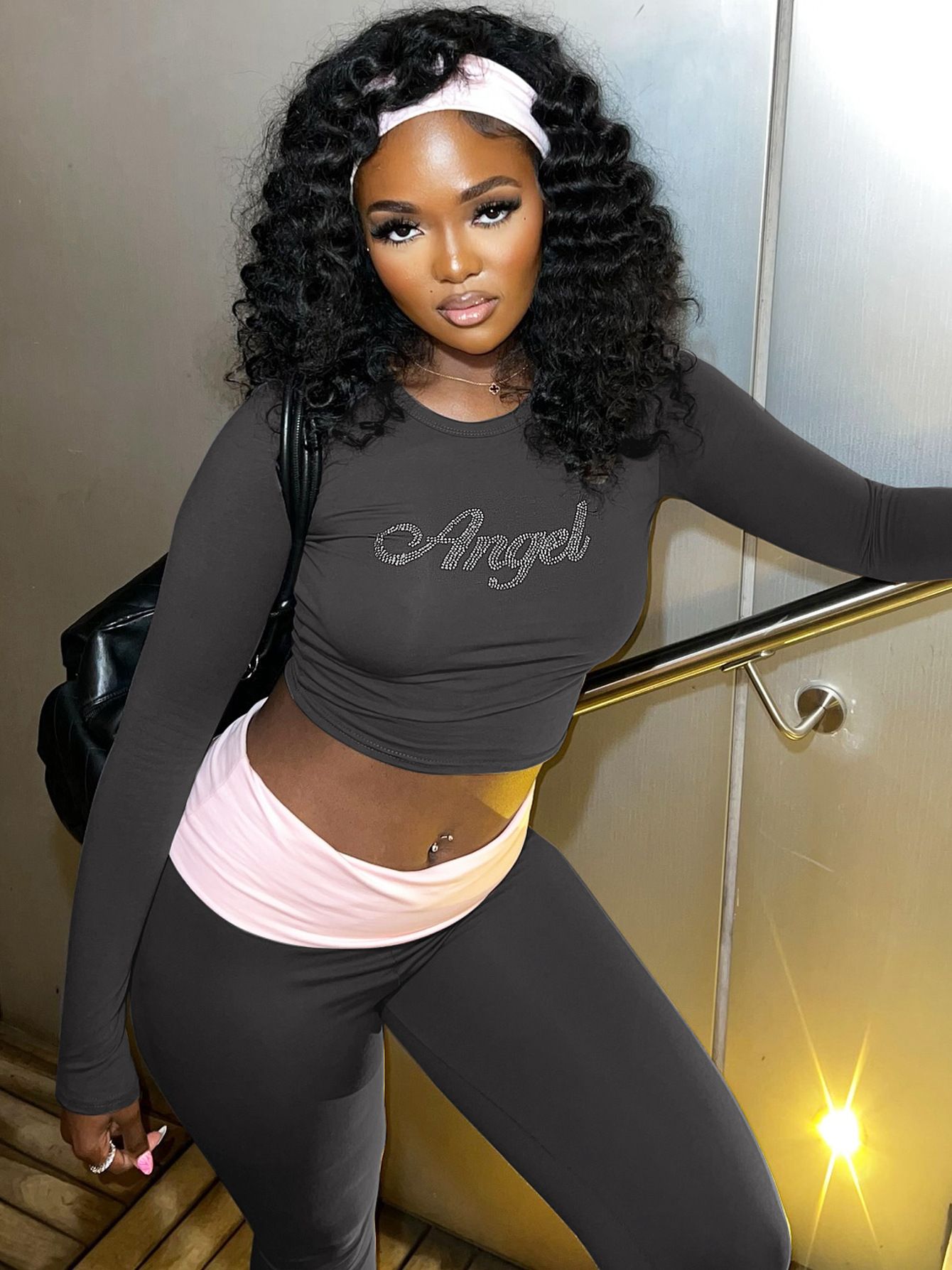 European and American women's clothing, new color blocking round neck long sleeved flared pants two-piece set, fashionable hot stamping set