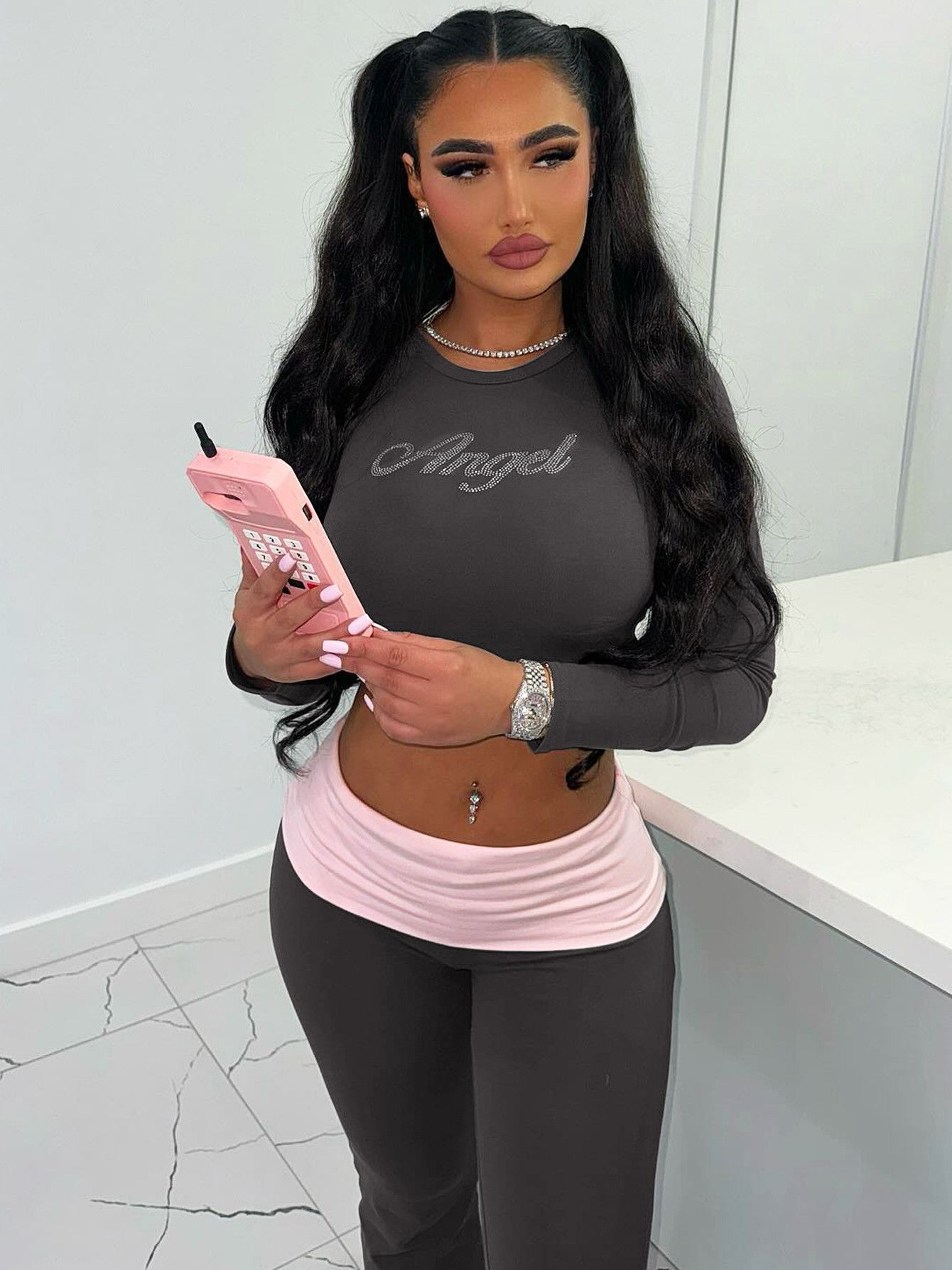 European and American women's clothing, new color blocking round neck long sleeved flared pants two-piece set, fashionable hot stamping set