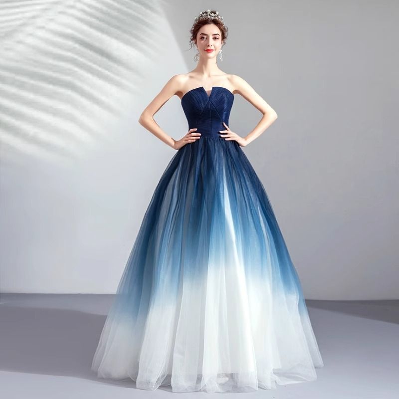Wedding dress, dreamy starry sky gradient dress, autumn blue banquet strapless dress, annual party performance dress, temperament evening dress