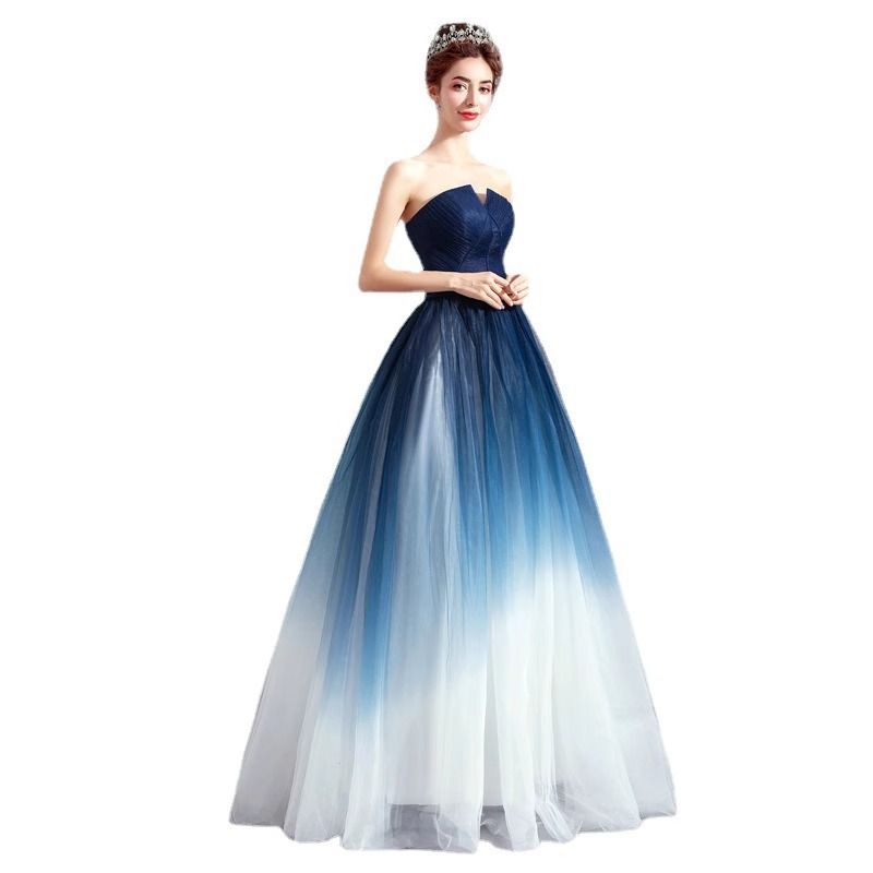 Wedding dress, dreamy starry sky gradient dress, autumn blue banquet strapless dress, annual party performance dress, temperament evening dress