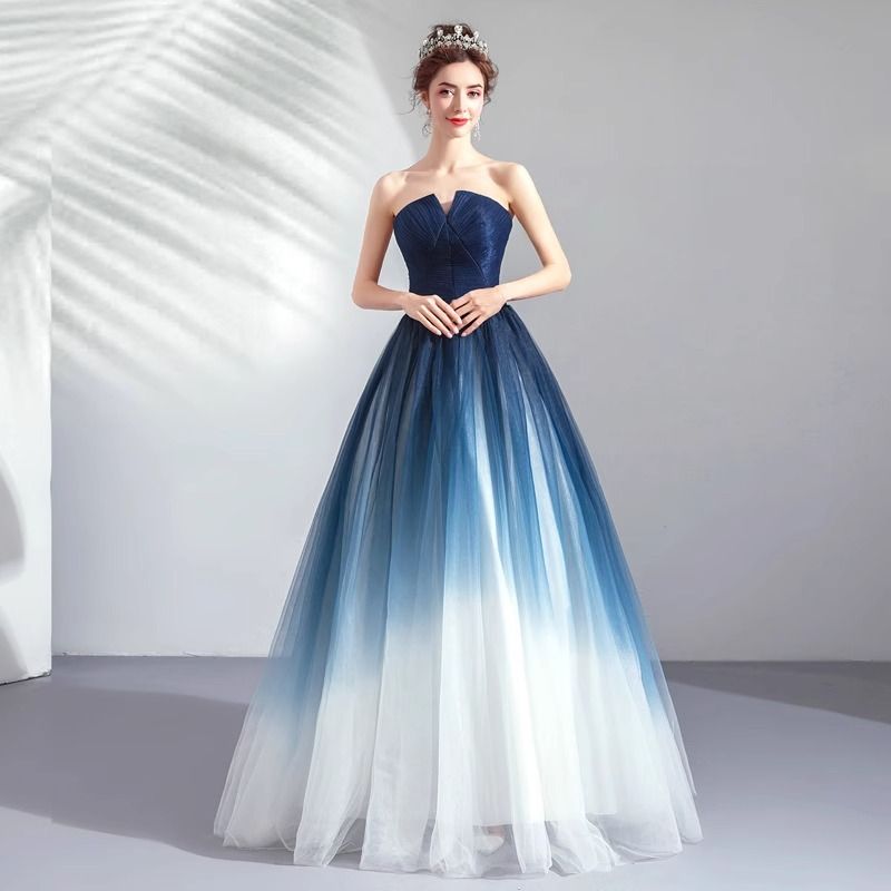 Wedding dress, dreamy starry sky gradient dress, autumn blue banquet strapless dress, annual party performance dress, temperament evening dress