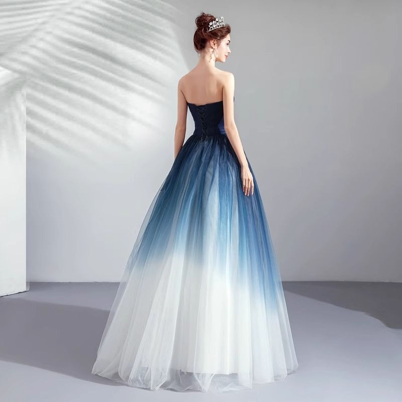 Wedding dress, dreamy starry sky gradient dress, autumn blue banquet strapless dress, annual party performance dress, temperament evening dress