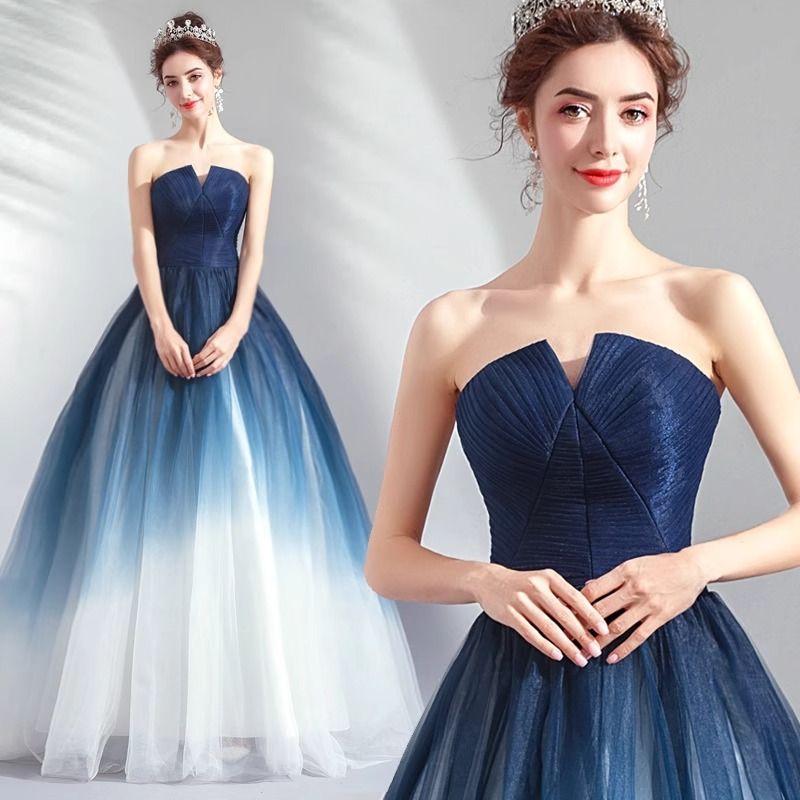 Wedding dress, dreamy starry sky gradient dress, autumn blue banquet strapless dress, annual party performance dress, temperament evening dress