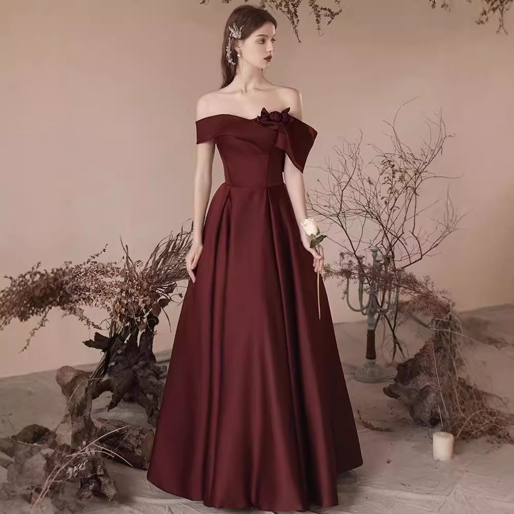 Wedding dress, one shoulder caramel toast dress, new style wedding, engagement, retro style satin evening gown, exuding a feminine temperament