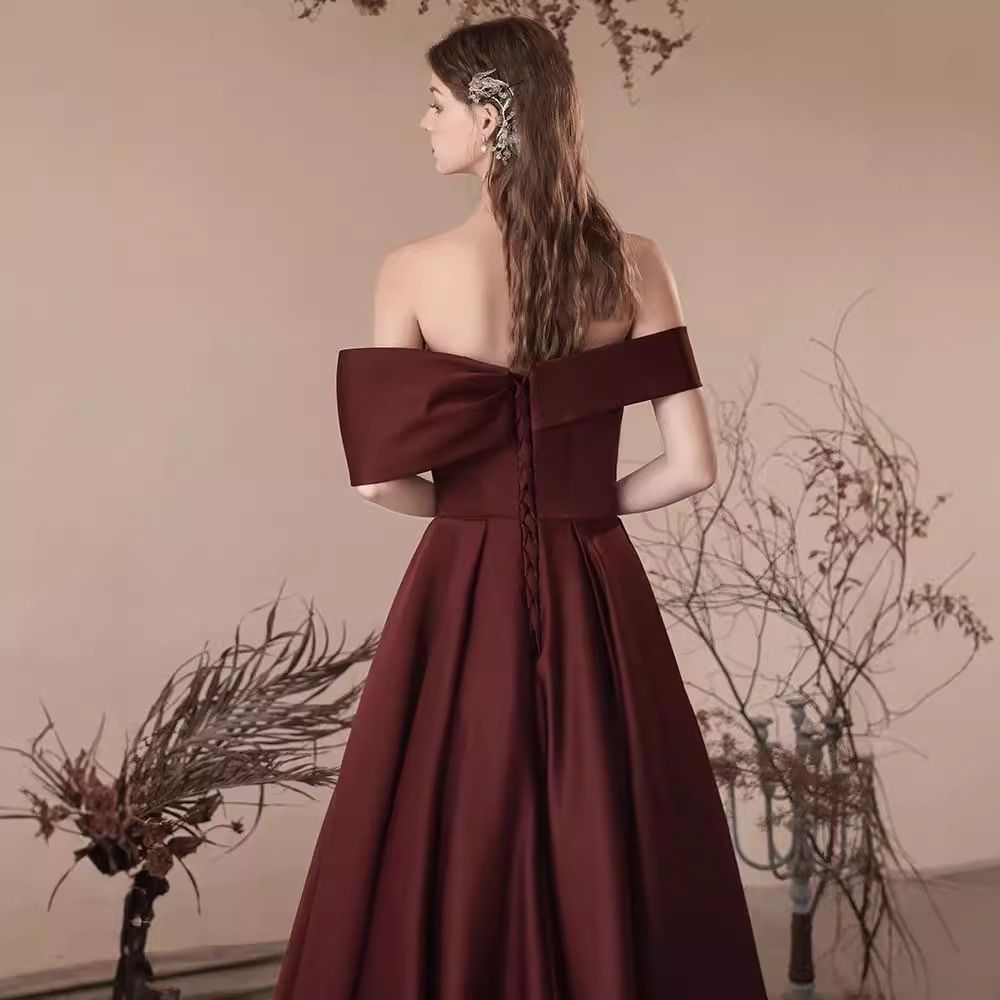 Wedding dress, one shoulder caramel toast dress, new style wedding, engagement, retro style satin evening gown, exuding a feminine temperament