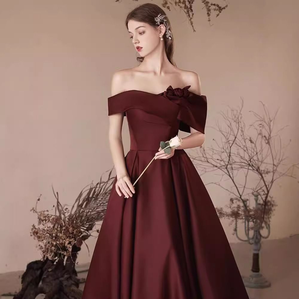 Wedding dress, one shoulder caramel toast dress, new style wedding, engagement, retro style satin evening gown, exuding a feminine temperament
