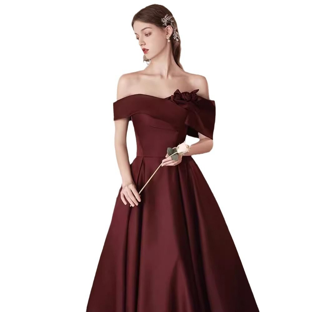 Wedding dress, one shoulder caramel toast dress, new style wedding, engagement, retro style satin evening gown, exuding a feminine temperament