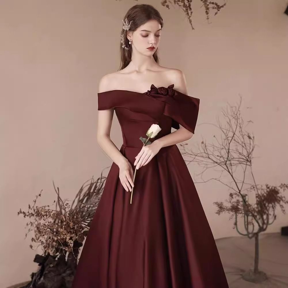 Wedding dress, one shoulder caramel toast dress, new style wedding, engagement, retro style satin evening gown, exuding a feminine temperament
