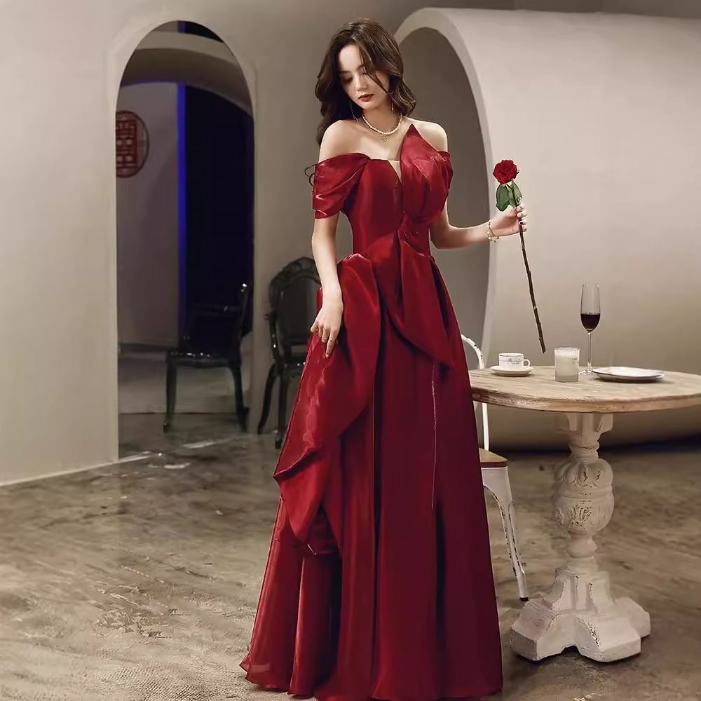 Wedding dress, sexy toast dress, bride, engagement, temperament, high-end wine red evening gown dress, women's high-end niche wedding dress