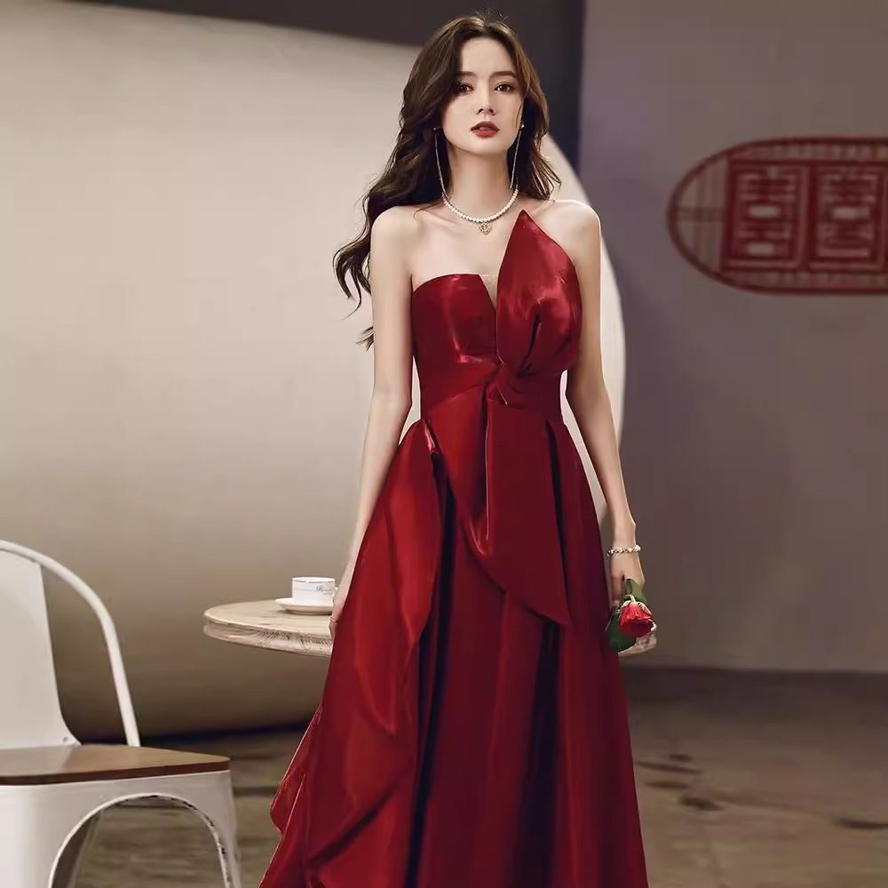 Wedding dress, sexy toast dress, bride, engagement, temperament, high-end wine red evening gown dress, women's high-end niche wedding dress