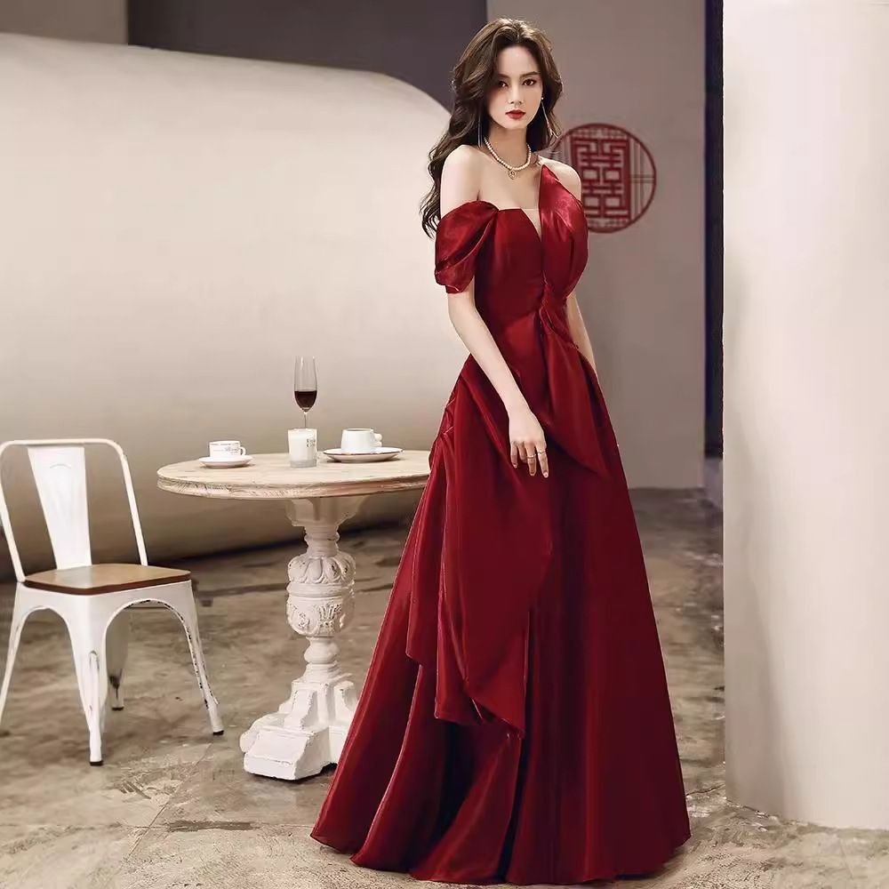 Wedding dress, sexy toast dress, bride, engagement, temperament, high-end wine red evening gown dress, women's high-end niche wedding dress