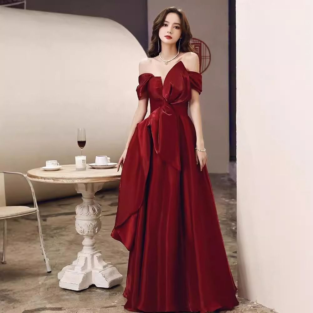 Wedding dress, sexy toast dress, bride, engagement, temperament, high-end wine red evening gown dress, women's high-end niche wedding dress
