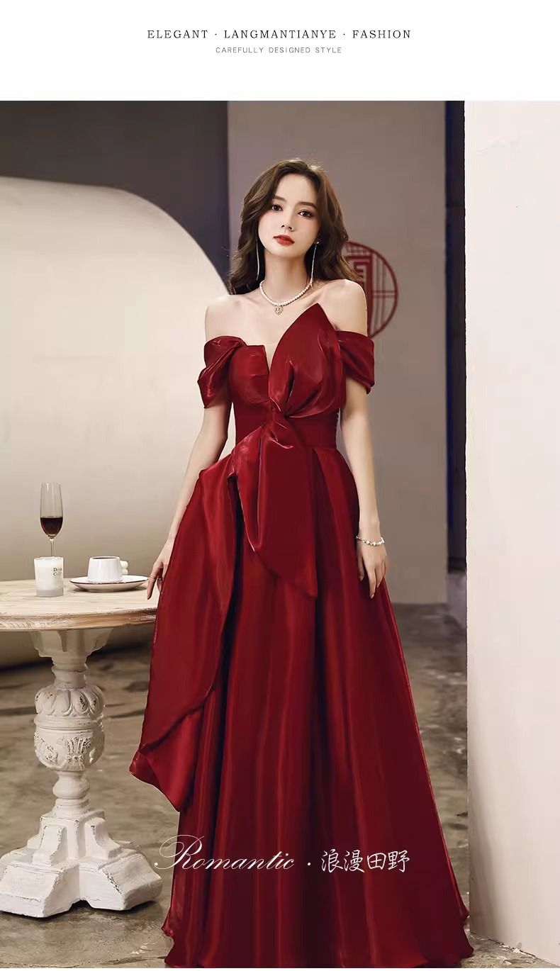 Wedding dress, sexy toast dress, bride, engagement, temperament, high-end wine red evening gown dress, women's high-end niche wedding dress
