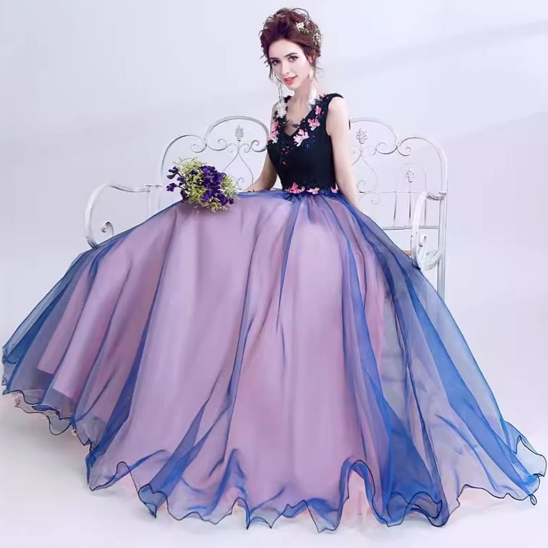 Wedding dress, blue deep V-neck banquet stage, performance host light veil evening gown, vocal art exam gown, long style