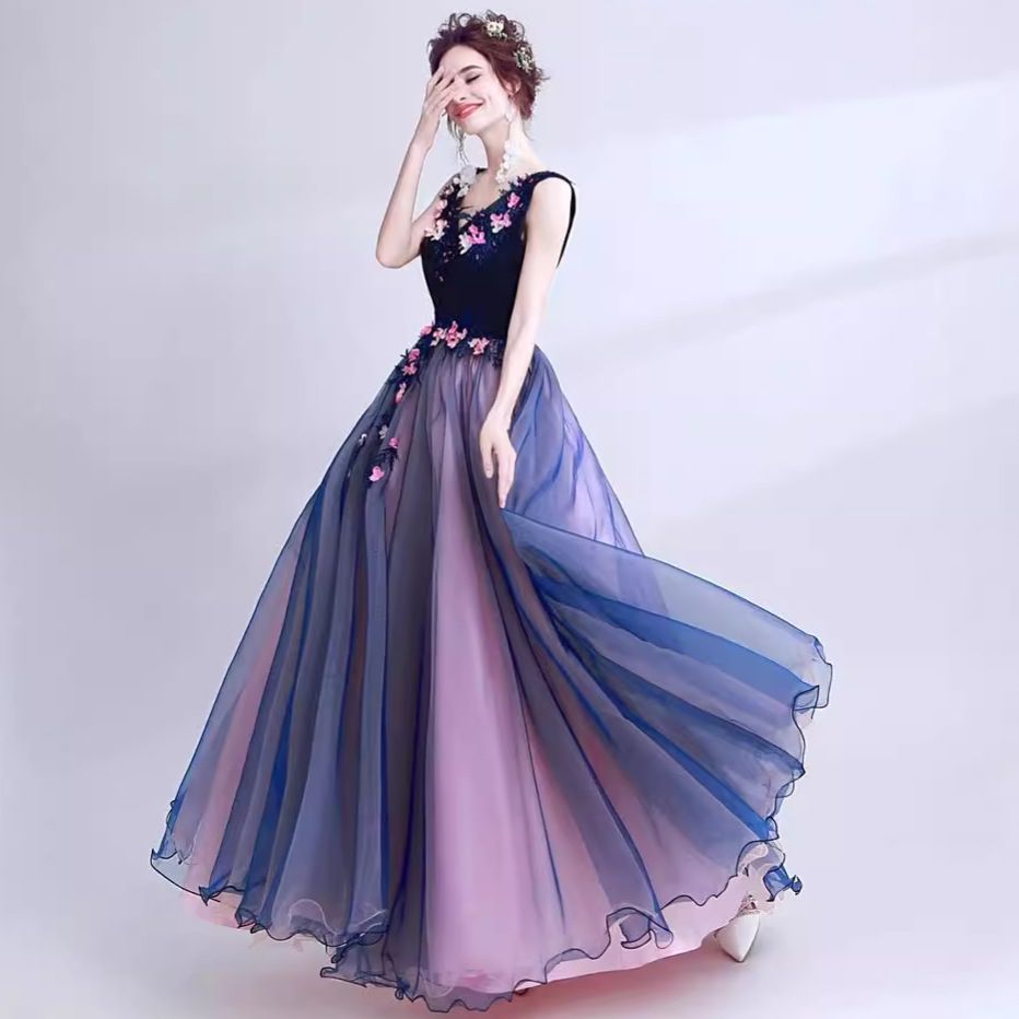 Wedding dress, blue deep V-neck banquet stage, performance host light veil evening gown, vocal art exam gown, long style