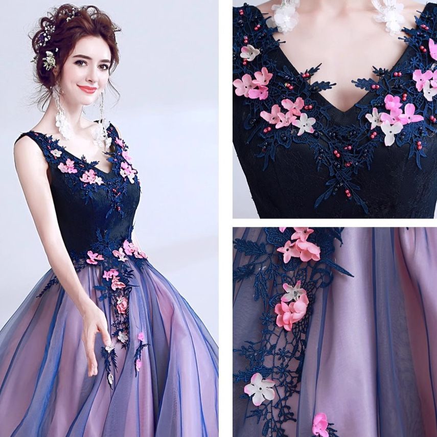 Wedding dress, blue deep V-neck banquet stage, performance host light veil evening gown, vocal art exam gown, long style