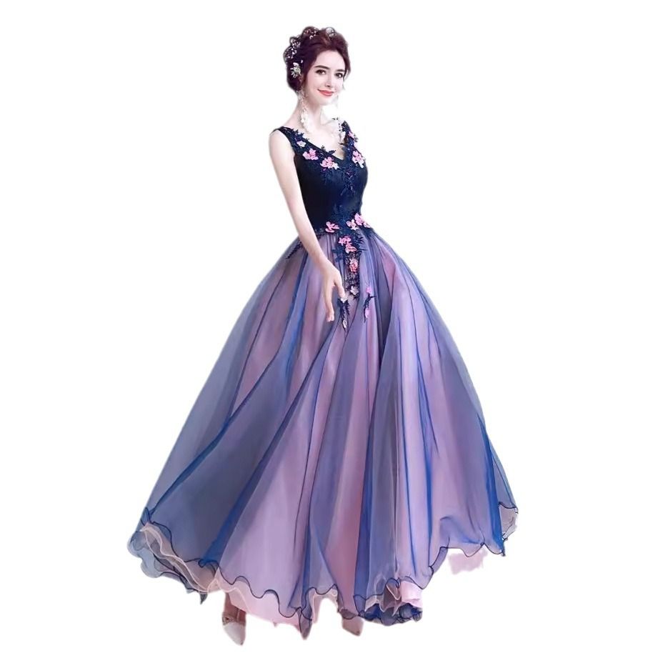 Wedding dress, blue deep V-neck banquet stage, performance host light veil evening gown, vocal art exam gown, long style