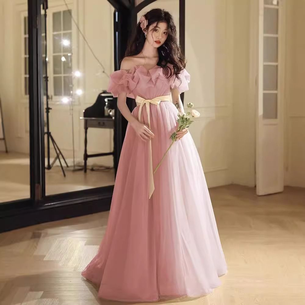Wedding dress, pink one shoulder engagement toast evening gown, high-end light luxury niche French style, birthday host, art exam performance