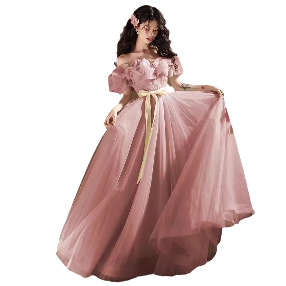 Wedding dress, pink one shoulder engagement toast evening gown, high-end light luxury niche French style, birthday host, art exam performance