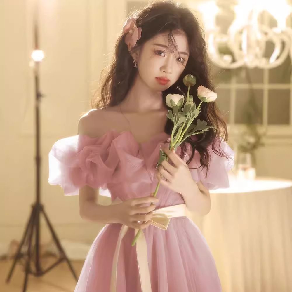 Wedding dress, pink one shoulder engagement toast evening gown, high-end light luxury niche French style, birthday host, art exam performance