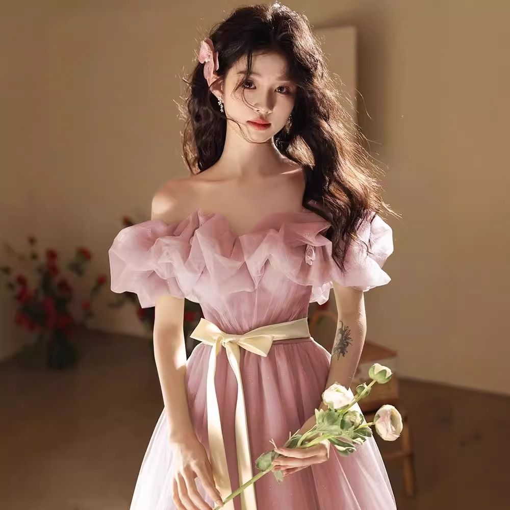 Wedding dress, pink one shoulder engagement toast evening gown, high-end light luxury niche French style, birthday host, art exam performance