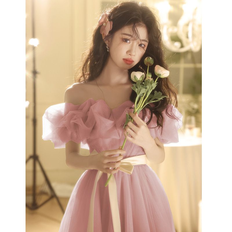 Wedding dress, pink one shoulder engagement toast evening gown, high-end light luxury niche French style, birthday host, art exam performance