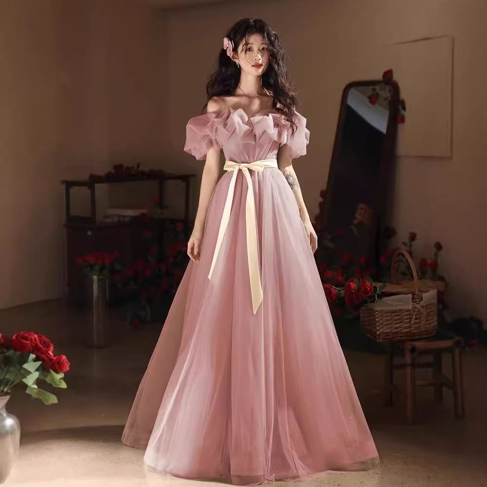 Wedding dress, pink one shoulder engagement toast evening gown, high-end light luxury niche French style, birthday host, art exam performance