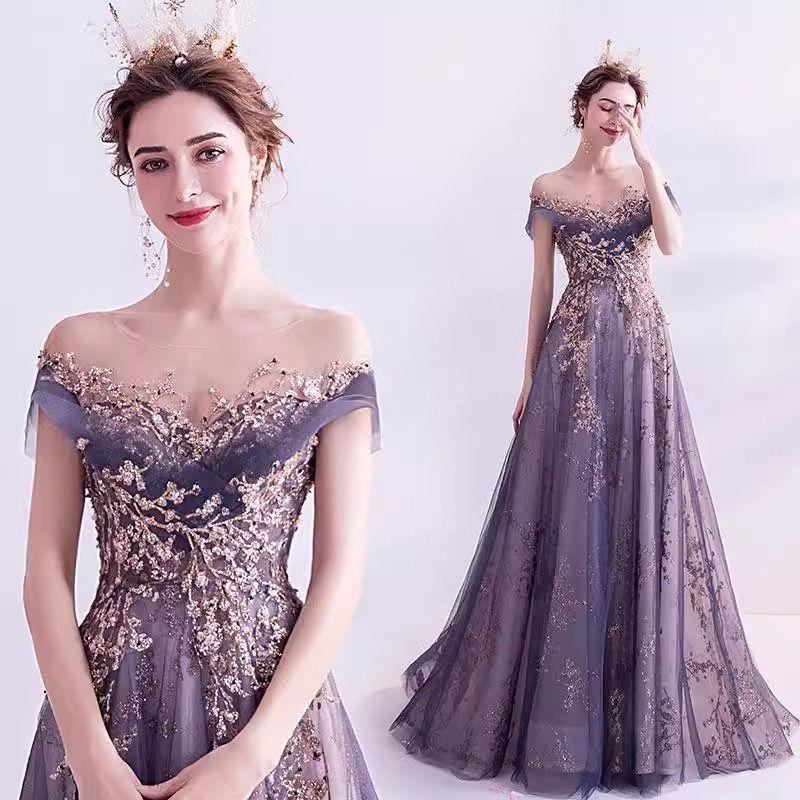 Wedding dress, European and American queen purple aura, formal dress, annual party birthday runway dress, host performance, runway evening dress