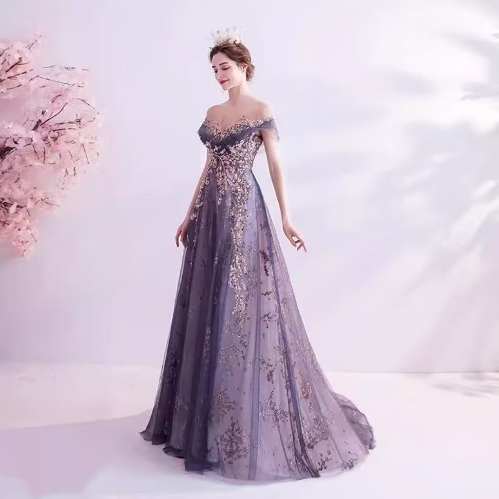 Wedding dress, European and American queen purple aura, formal dress, annual party birthday runway dress, host performance, runway evening dress