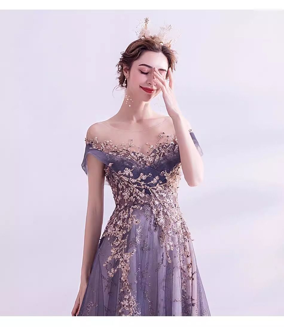 Wedding dress, European and American queen purple aura, formal dress, annual party birthday runway dress, host performance, runway evening dress