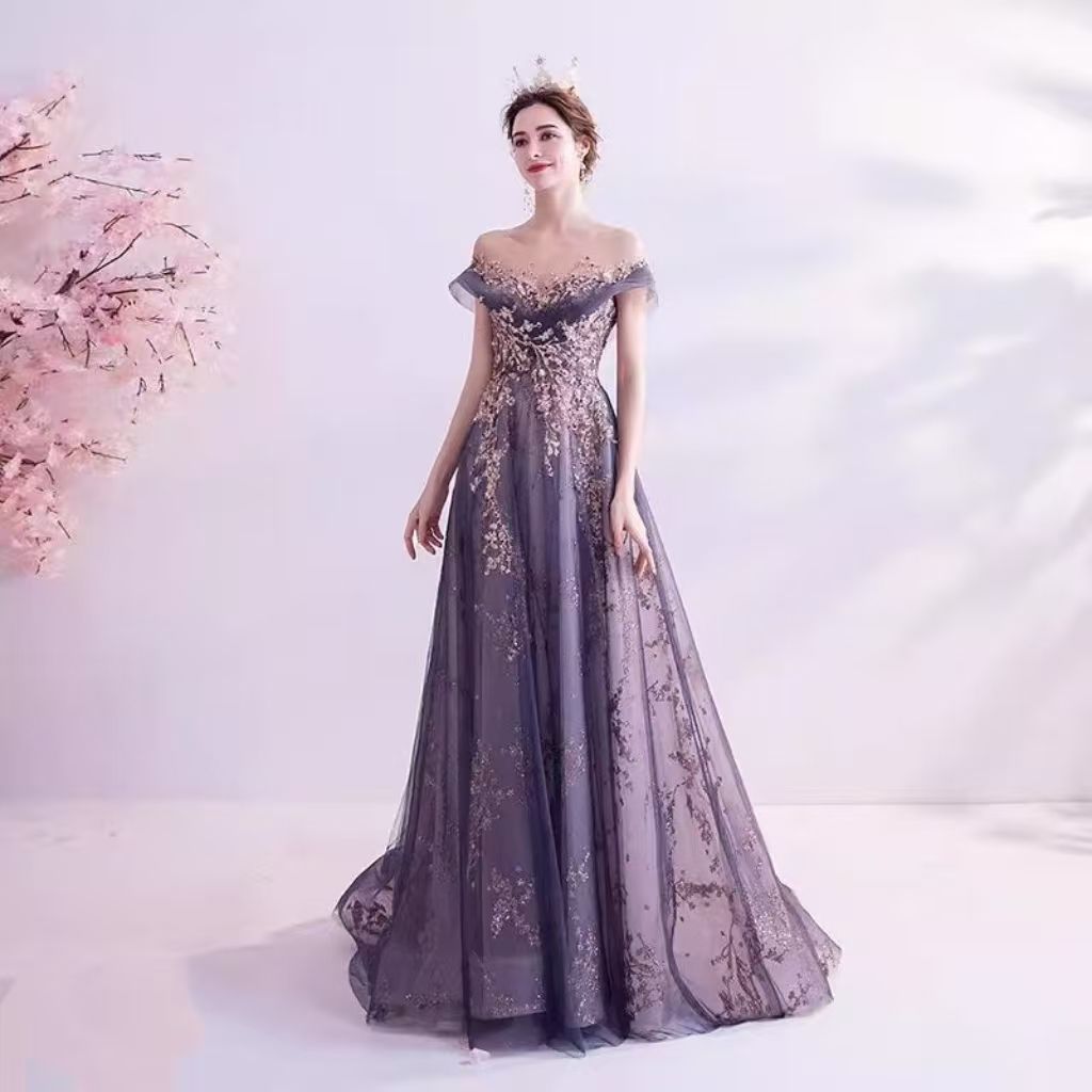 Wedding dress, European and American queen purple aura, formal dress, annual party birthday runway dress, host performance, runway evening dress