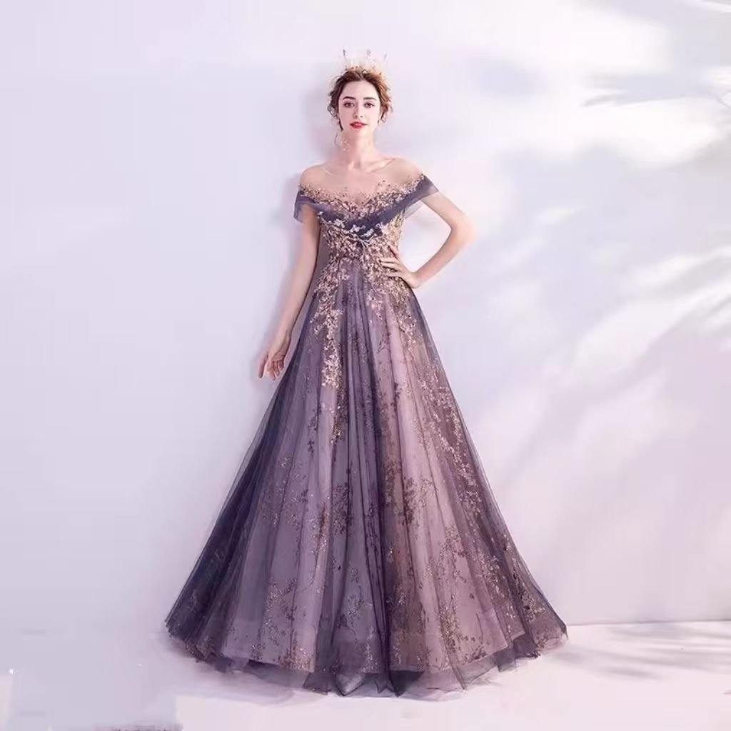Wedding dress, European and American queen purple aura, formal dress, annual party birthday runway dress, host performance, runway evening dress