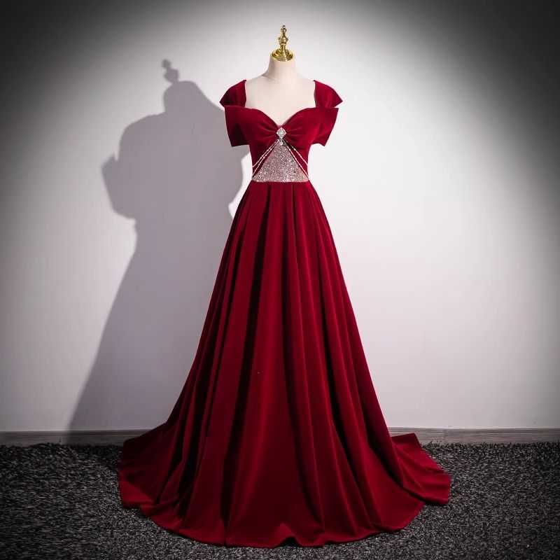 Wedding dress, red evening gown, new high-end velvet banquet and annual meeting host French style elegant toast dress