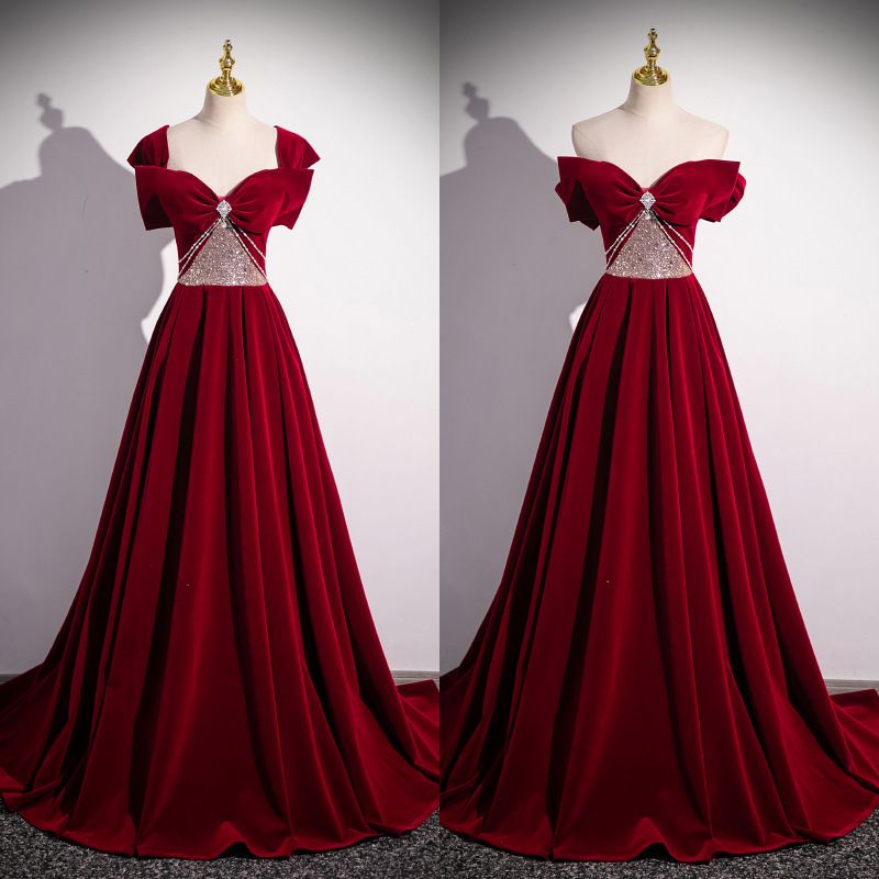 Wedding dress, red evening gown, new high-end velvet banquet and annual meeting host French style elegant toast dress