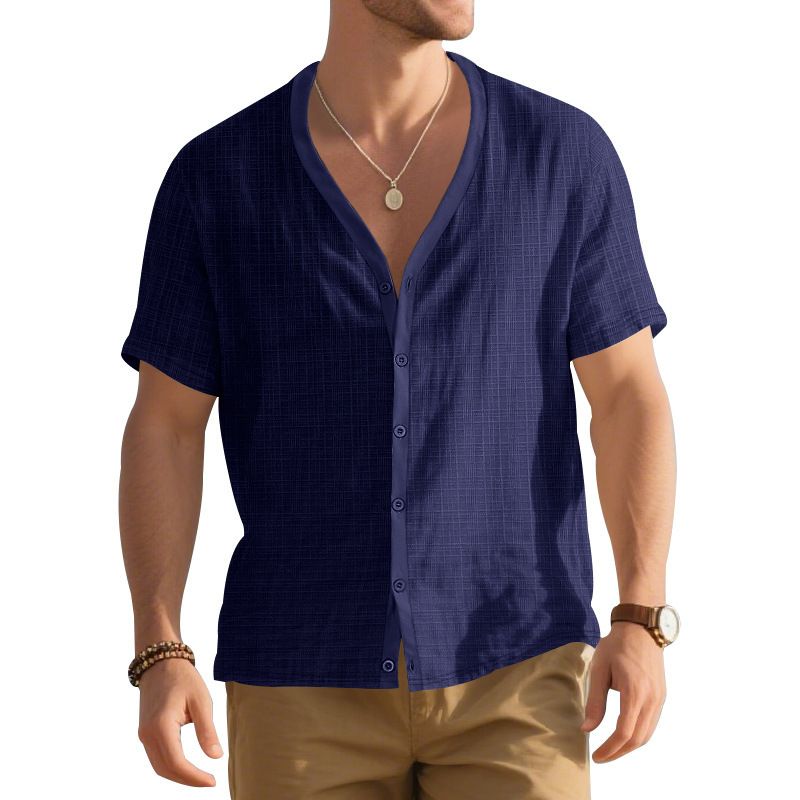 Stylish men's imitation hemp bamboo knot short sleeved Henry shirt loose casual trend button up cardigan T-shirt for men