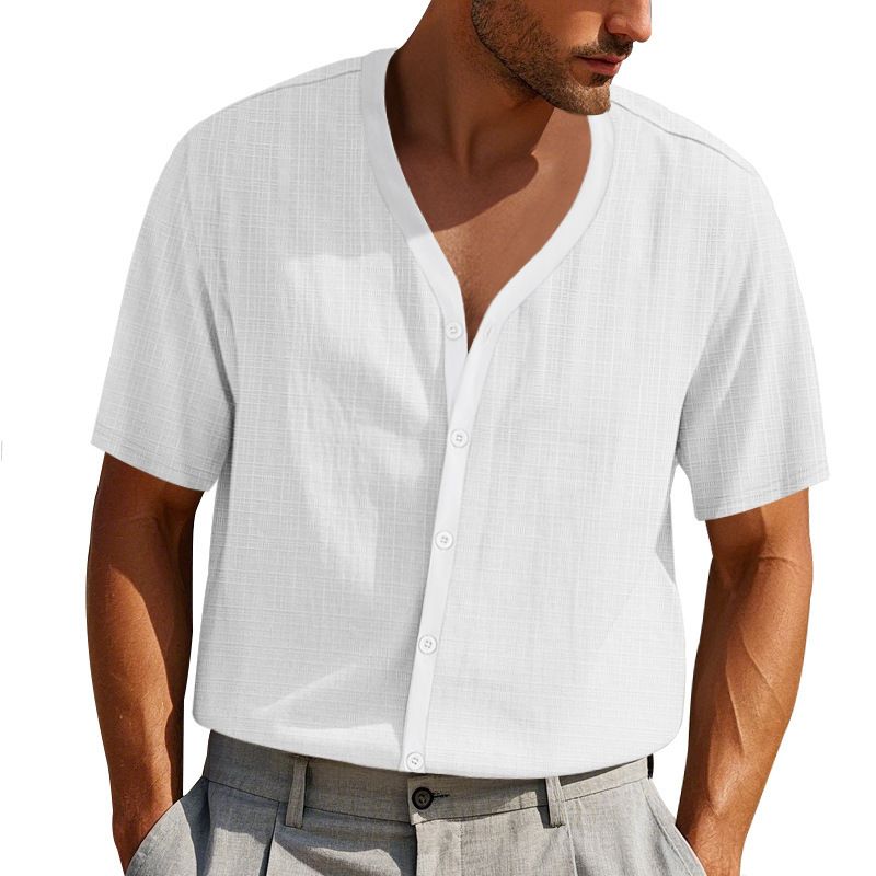 Stylish men's imitation hemp bamboo knot short sleeved Henry shirt loose casual trend button up cardigan T-shirt for men