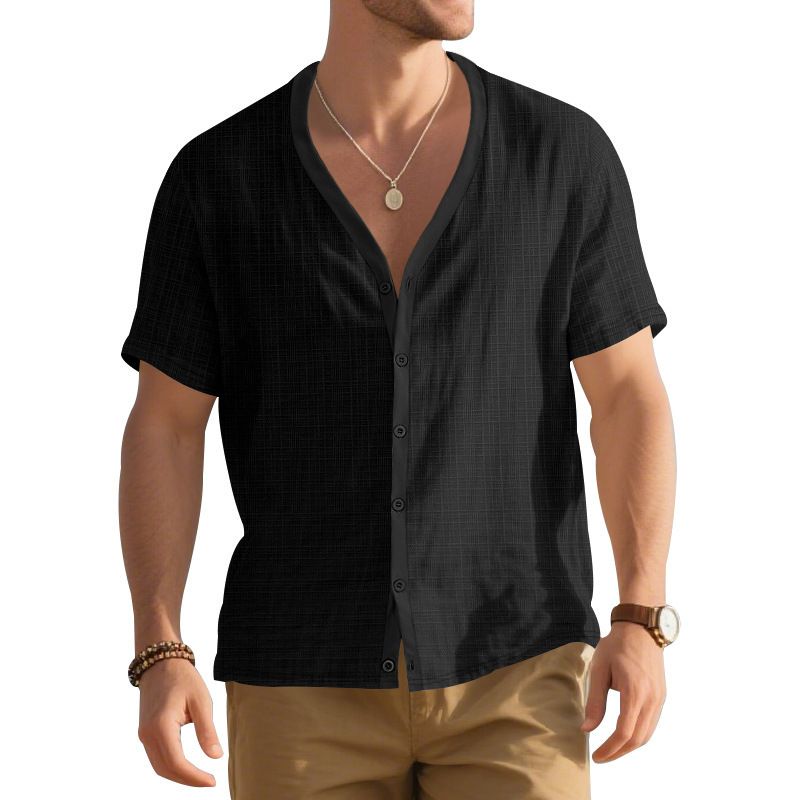 Stylish men's imitation hemp bamboo knot short sleeved Henry shirt loose casual trend button up cardigan T-shirt for men