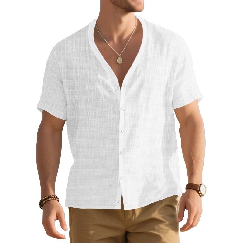 Stylish men's imitation hemp bamboo knot short sleeved Henry shirt loose casual trend button up cardigan T-shirt for men