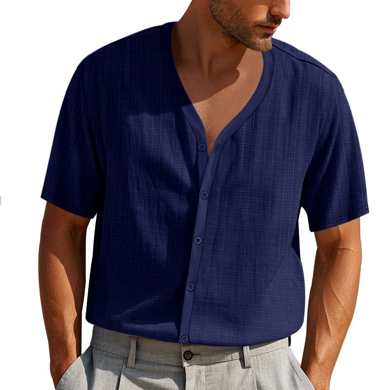 Stylish men's imitation hemp bamboo knot short sleeved Henry shirt loose casual trend button up cardigan T-shirt for men